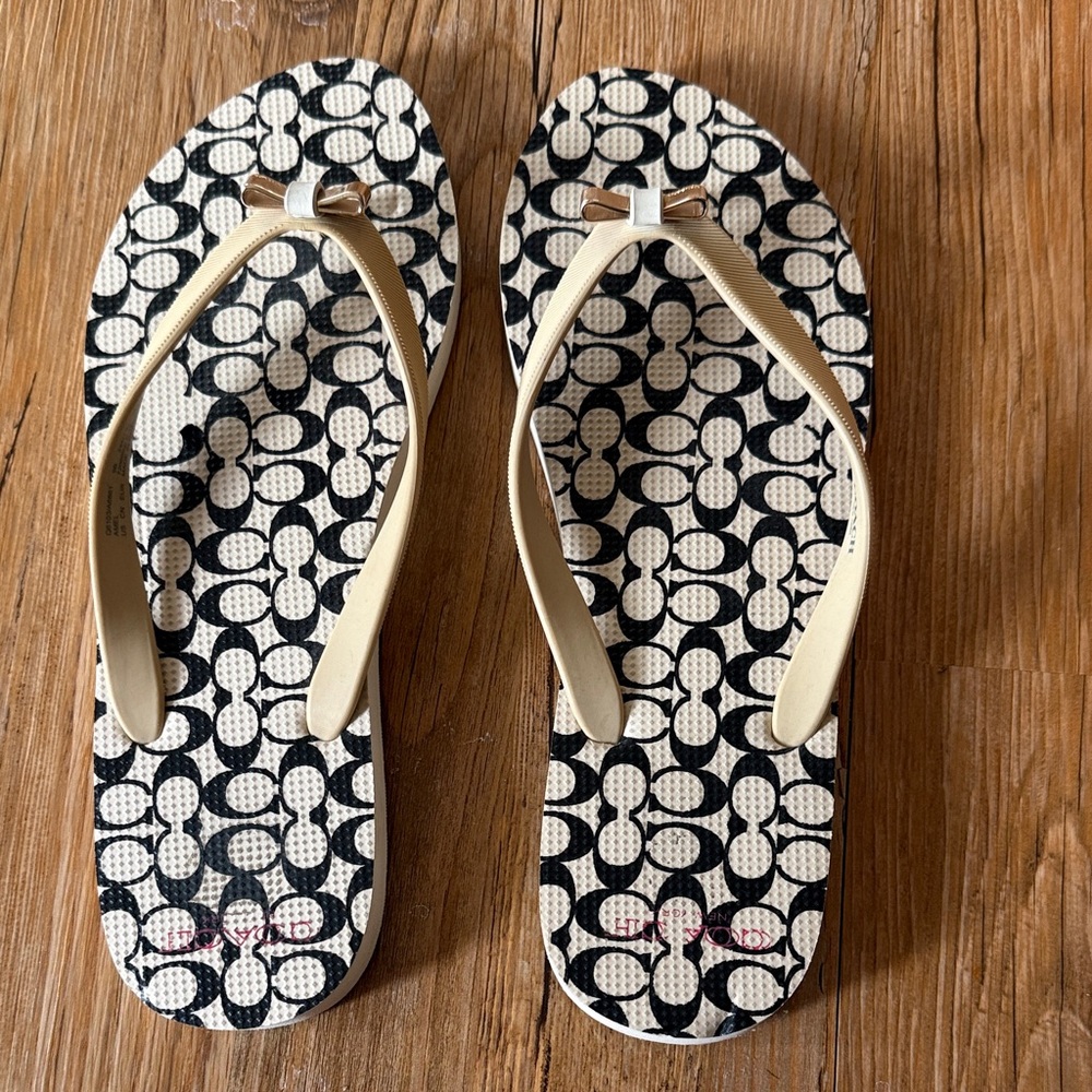 Coach Black and Cream Patterned Sandals